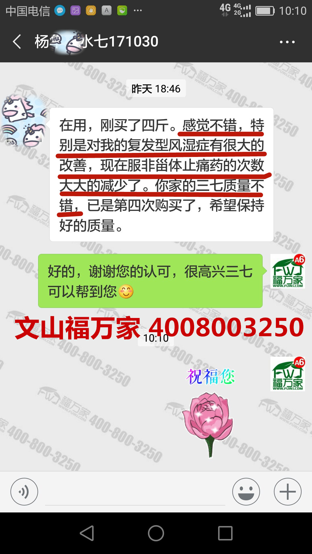 客户反馈三七粉缓解风湿关节炎